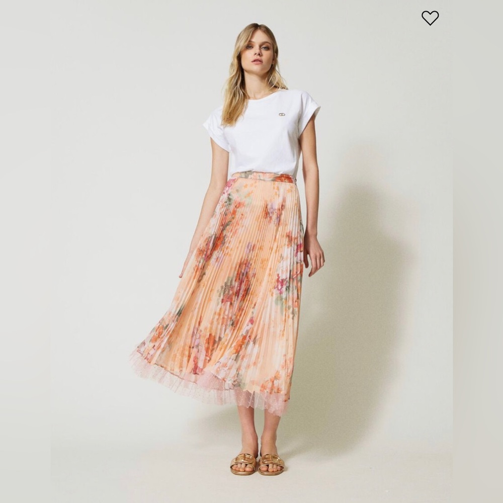Floral-print pleated midi skirt